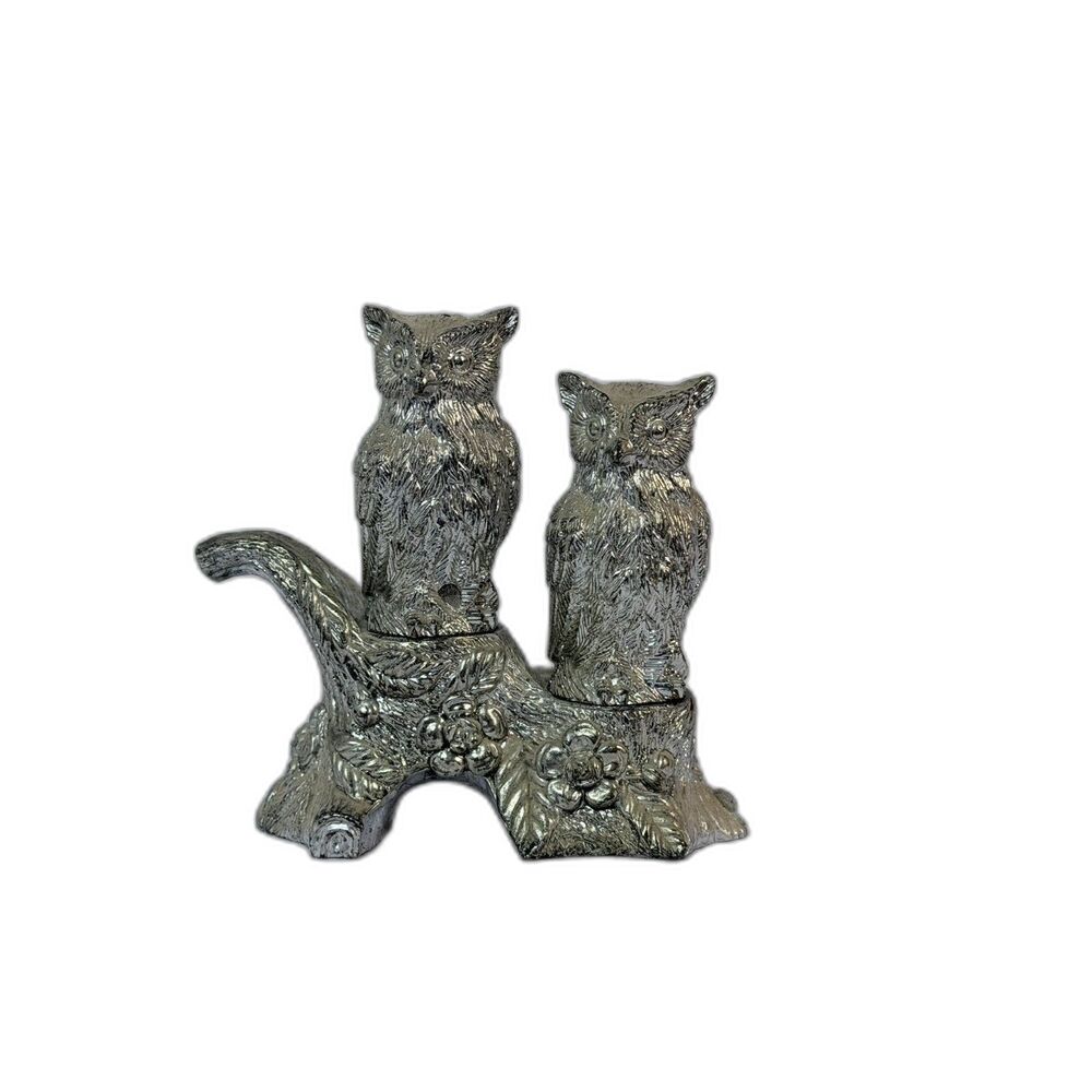 VTG Pair of Silver Owls Branch Salt Pepper Shakers Hong Kong Metallic Covered